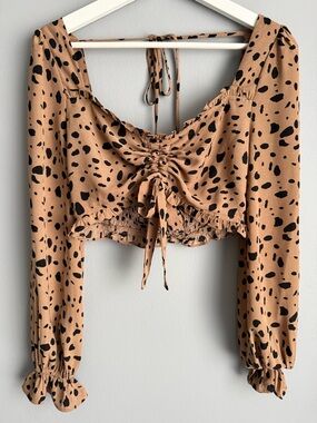 Y2K Bailey Rose Leopard Crop Top Smocked Tie Front Long Sleeve Fairy Grunge S